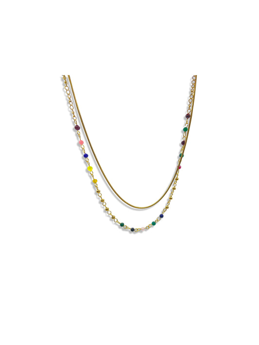 18K Gold plated layered snake chain and beaded Necklace