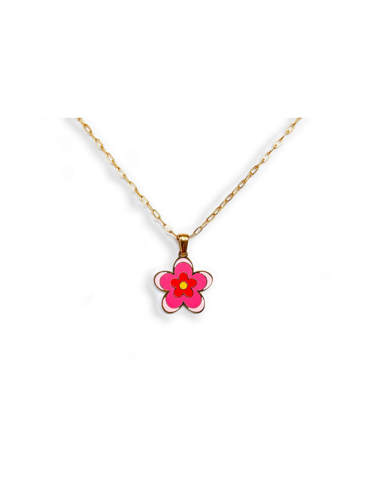18K Gold plated pink flower paper clip chain necklace