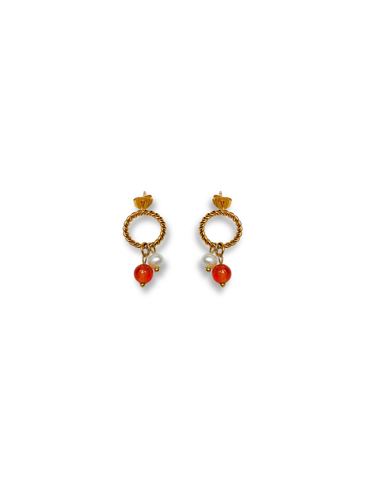 18K Gold plated twisted red agate freshwater pearls earrings