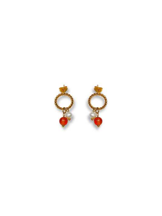 18K Gold plated twisted red agate freshwater pearls earrings